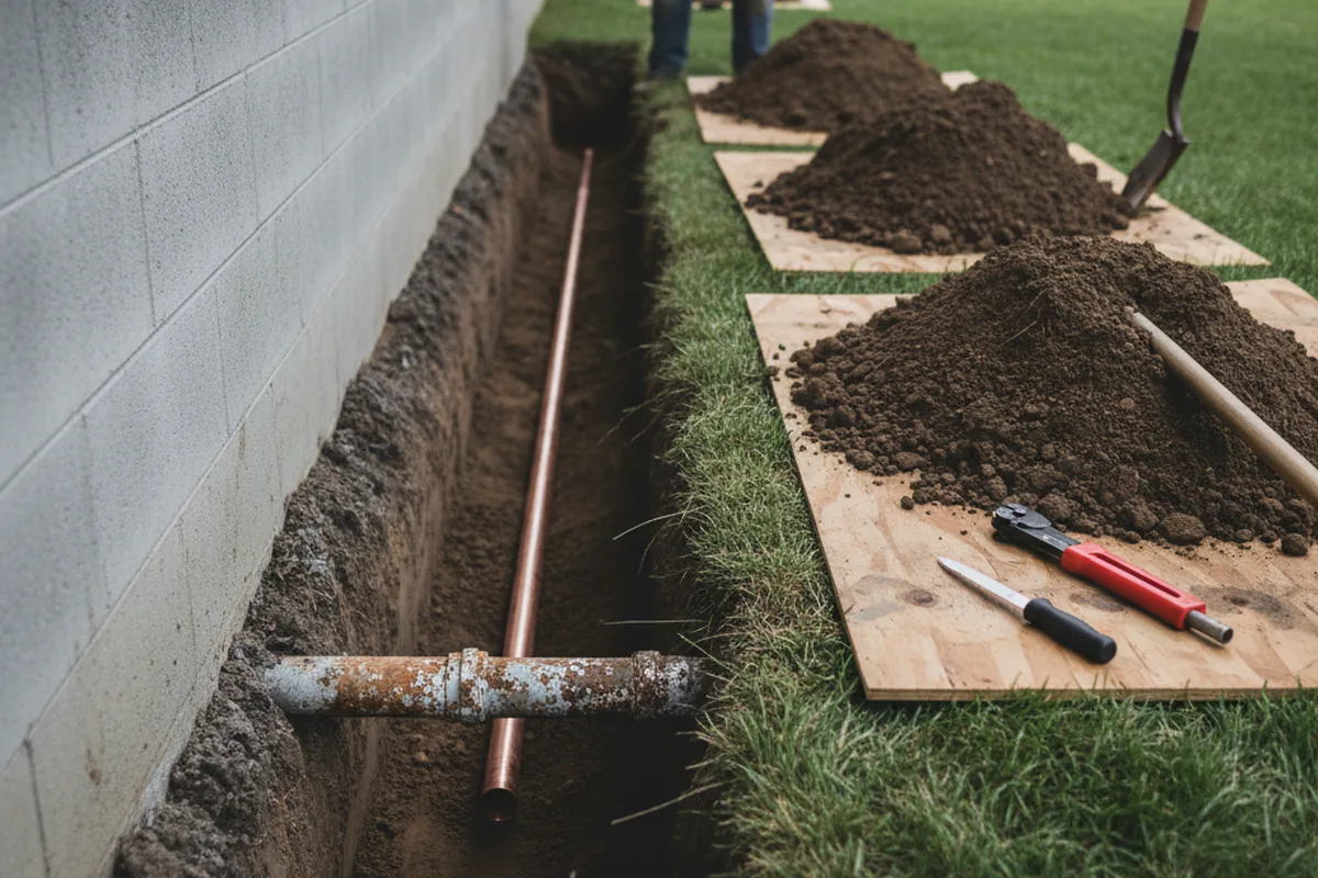 Excavated water line trench during Water Softener Installation in Morning View